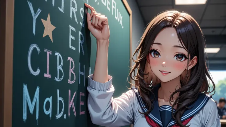  Cheerful female student   ,    sailor suit ,    pointing at the blackboard   , (((  posing in front of a blackboard   ,   background:"JK style FLUX  "))),    soft-focus   , (   High Quality  ,4K,8k,  High Definition  , masterpiece :1.2), super detailed, (...