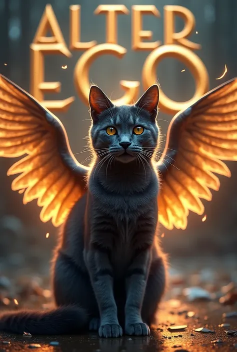 Create realistic picture where a cat with a black ang gray  color. With a an angelic wings and flames surrounds front view The background features “ALTER EGO” in big 3D gold texture fonts.