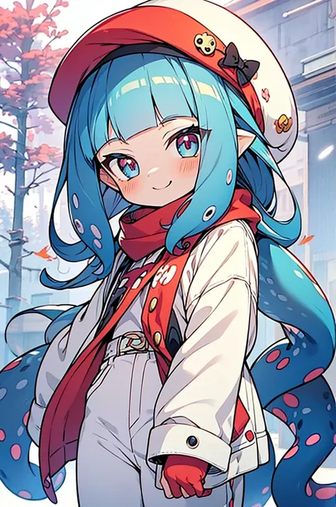 masterpiece,best quality,ultra detailed,((hyper cute anime style super petit ultra pretty character)),octopus girl, hair like octopus, anime girl with splatoon like atmosphere, smile, 
Winter clothes, berets, fuzzy long worm pants,