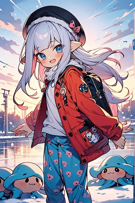 masterpiece,best quality,ultra detailed,((hyper cute anime style super petit ultra pretty character)),octopus girl, hair like octopus, anime girl with splatoon like atmosphere, smile, 
Winter clothes, berets, fuzzy long worm pants,