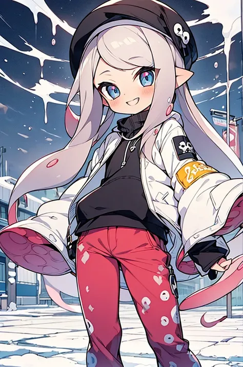 masterpiece,best quality,ultra detailed,((hyper cute anime style super petit ultra pretty character)),octopus girl, hair like octopus, anime girl with splatoon like atmosphere, smile, 
Winter clothes, berets, fuzzy long worm pants,