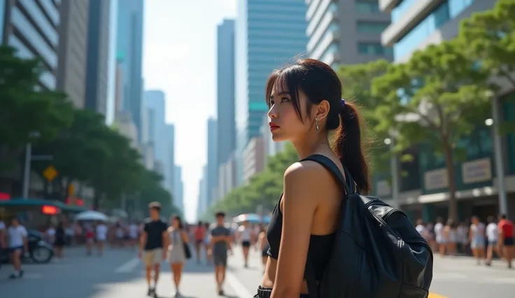 (photorealism:1.2), A Singaporean woman watching people from afar 