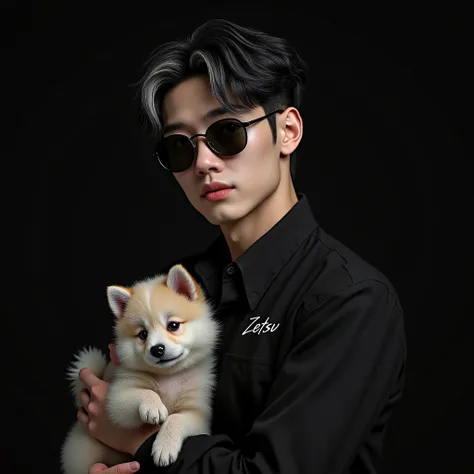 Photo realistic of a handsome korean boy wearing black  shirt , casual black gray hair and sunglasses , holding a fluppy puppy . Name " zetsu" written on his attire . Black background