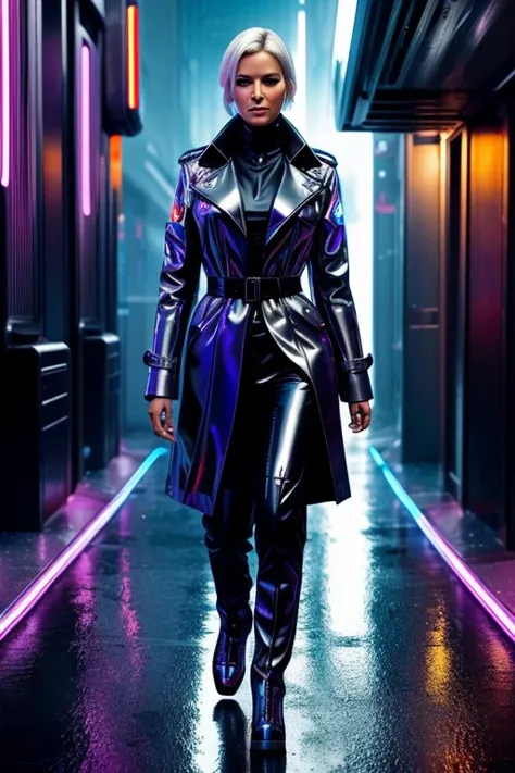 Concept art, (Claudia Bauer in a futuristic trench coat with illuminated seams, holding a small holographic device, confident stance, short platinum hair), (set in a cyberpunk version of London, neon lights reflecting off wet cobblestones, futuristic doubl...