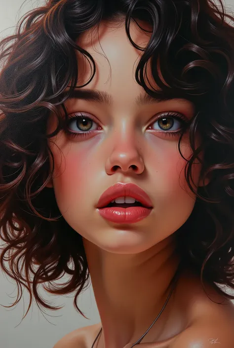  An incredible painting of a beautiful brunette girl with curly hair, plump lips, Hot   ,  dark skin color with a slightly lighter tone  