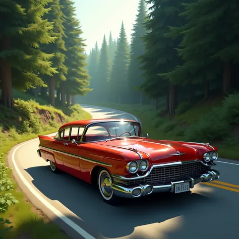 Create me pictures of a red family car ,  that passes a forest on the highway.