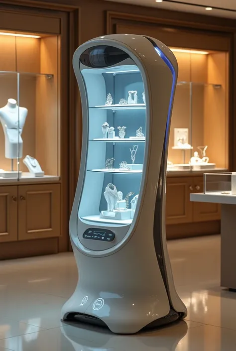 One human vending robot, the design of the future world, in a jewelry store