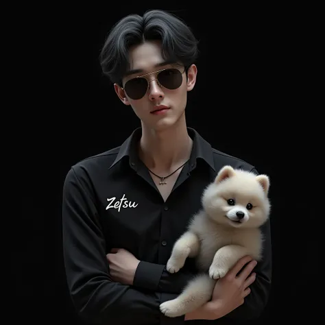 Photo realistic of a handsome korean boy wearing black  shirt , casual black gray hair and sunglasses , holding a fluppy puppy . Name " zetsu" written on his attire . Black background