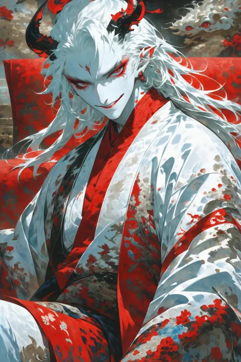 masterpiece, best quality, Yokai, monster boy, horns, red , long hair, white hair, white skin, flying, smirk, straight hair, bangs, rectangular eyewear, long eyelashes, eyebrows, Sitting on sofa, male focus, Luxurious living room, japanese clothes, 