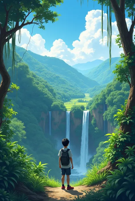 Meghalaya beautiful place beautiful pick in anime style  and anime boy more different places more realstick and high graphics 