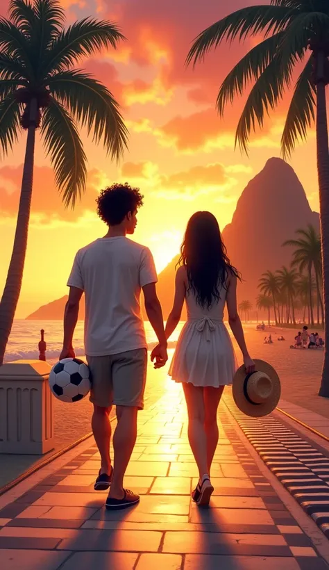 A romantic scene showing the back view of a young couple in their early 20s, one Brazilian male and one Japanese female, walking hand-in-hand along a scenic promenade at Ipanema Beach in Rio de Janeiro, Brazil, during sunset. The Brazilian male, with curly...