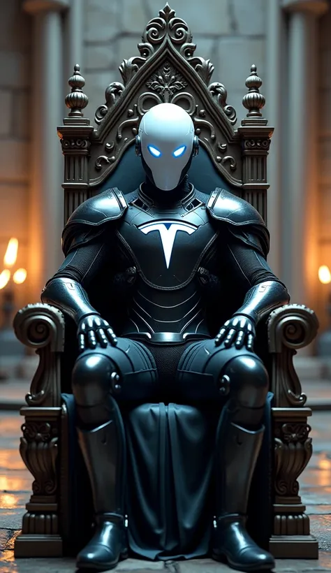  a futuristic figure resembling a knight, seated on an ornate throne. The figure wears a sleek, black suit of armor adorned with a Tesla logo, and a white helmet with glowing blue eyes. The setting suggests a blend of medieval and futuristic aesthetics, wi...