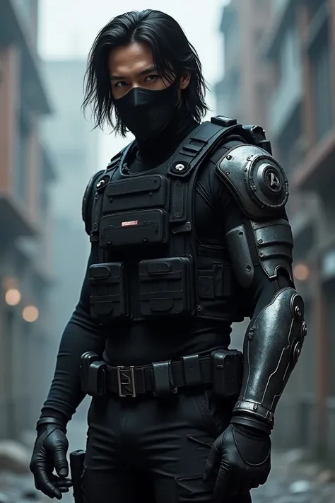 A handsome white man with long black hair messy a defined blue iris and eyeliner and black mesh mask, he wore a black mil tech long sleeve military shirt a black tactical suit vest with his left long sleeve exposed relpaced with a Nano metallic arm, he wor...