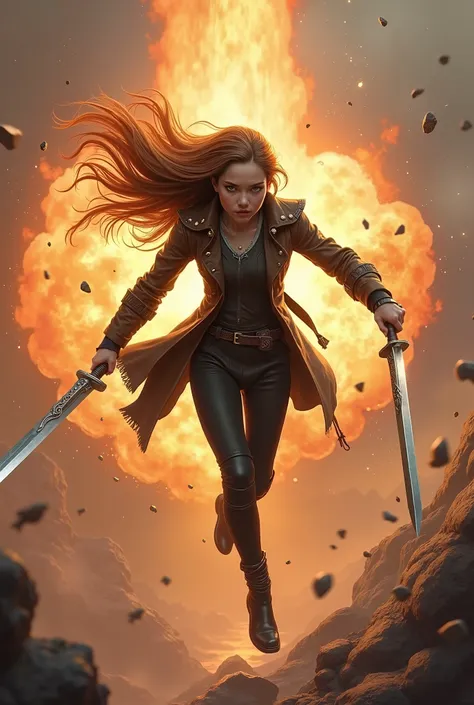 fantasy book cover a elf girl using long hair chestnut using a dark brown leader jacket and black pants holding two swords one in each hand is in midle air falling from a big explosion behind her