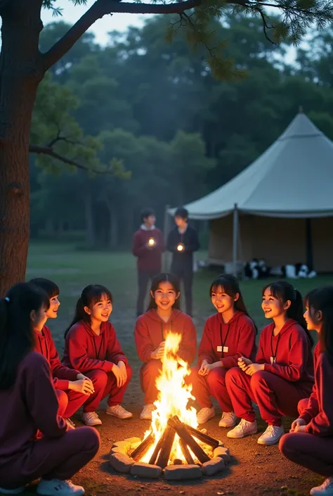 ((best quality)), ((masterpiece)), (detailed), Asia girls,
Japanese beautiful girls,There is a tent in a mountain square 、 high school girl having a bonfire in front of the tent８people、 pandas watching from a tree 、documentaryphoto、dynamicsphoto、realitypho...