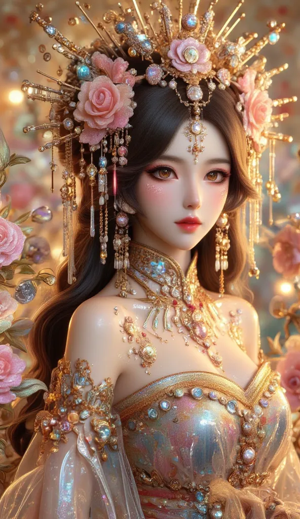 (Extra long shot, full body portrait, super wide angle), 1girl, solo, Flashing Hanfu Girl, encapsulated in a kawaii aesthetic style with liquid light elements, embodies the deep connection with the essence of Chinese culture and fairy tales.Intricate detai...