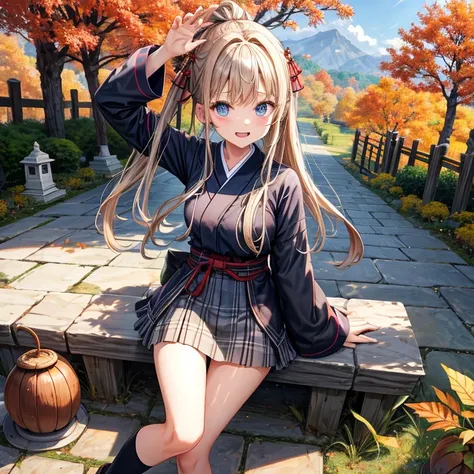 Chestnut Hair、 blue eyes、 with hair tied 、Two cute、 plaid miniskirt 、 BLACK T-SHIRT、 Long Sleeve 、kimono、striped high socks、Teeth are visible、lawn、The stone is cracked、Uneven ground、The road is curved、View from above、Large autumn tree、Mountain々、 fence、isol...