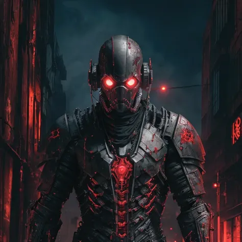  
(extremely detailed 8k wallpaper), a medium shot photo of cyberpunk scary Grim dressed as a dirty supervillain in an armour made of red glowing wires from marvel, horror theme, intricate, high detail, dramatic, old scary building in the background