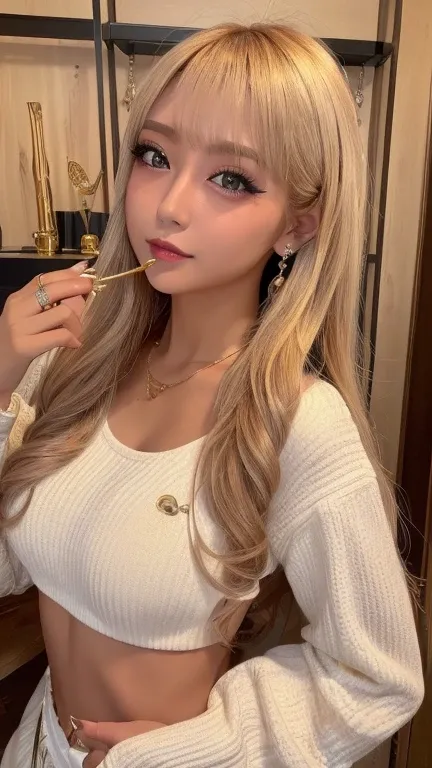 ( best quality、4K、8k、 high definition 、masterpiece:1.2)、 Very detailed、(Genuine、Realistic、Realistic:1.3)、Lots of piercings all over the body、Japanese Gal、blonde、 gal makeup、 gal fashion、 gold bracelet、 gold necklace with a large baton