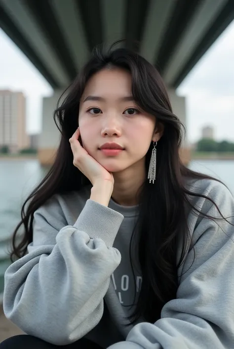 A highly detailed close-up portrait of a young woman sitting outdoors under a modern bridge, with her face resting on her hand in a thoughtful pose. Her long, sleek black hair cascades softly, with strands naturally framing her face. The lighting captures ...