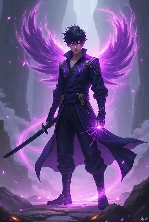 A 16-year-old boy, controller of purple magic, fire and souls, with a black katana and a fire phoenix accompanying him