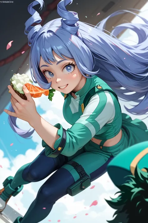 You could generate an image with the protagonist of the anime My Hero Academia Izuku Midoriya watching the heroine Nejire-chan, better known as Nejire Hado, also from My Hero Academia, taking off her clothes