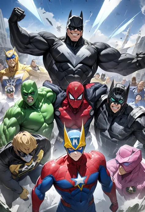 Group photo of world famous superheroes, BREAK masterpiece, best quality, very aesthetic, absurdres, newest and recent, very aesthetic