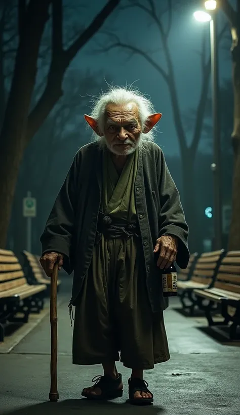 A realistic photograph of a yokai named Konaki-Jiji, depicted as an elderly man with a small, hunched body, wrinkled skin, and a mischievous expression, sitting alone in a public park at night. His hair is white and unkempt, and he is wearing tattered, old...