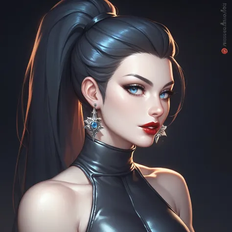 female sleeveless black leather turtleneck, bare shoulders, racerback, bare toned arms, beautiful faces, black ponytail with showing forehead, long ponytail, black earrings, soft smooth skin, pale skin, black background, blue eyes, sci-fi, high contrast, r...