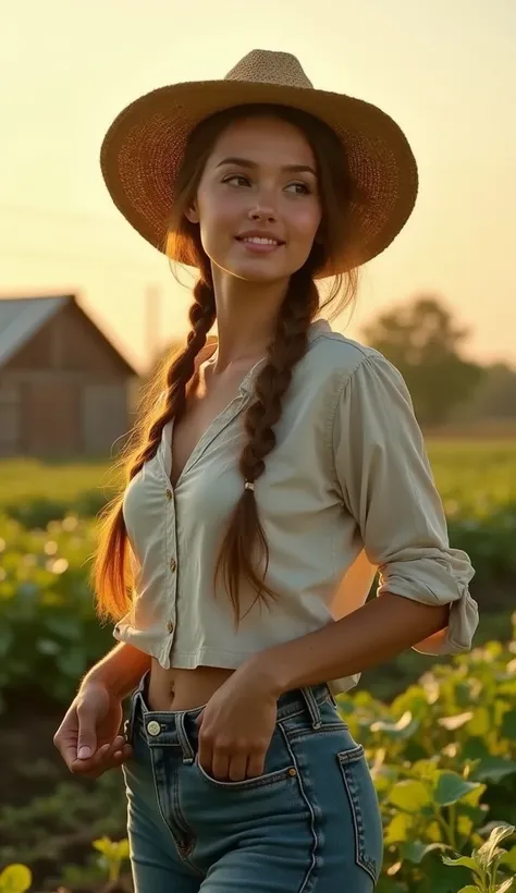 A highly detailed and realistic image of a beautiful woman from the countryside, working in the field. She is wearing simple, practical clothing, such as a straw hat, a light blouse, and worn jeans, with her sleeves rolled up as she works. Her long hair is...