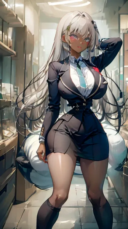 solo female ,(dark skin:1.3), school girl,silver hair,white lipstick,  tight waist, half up hairstyle,  heavy makeup, piaced tongue,odd eye green and red高解像度, ribbon, blazer, skirt, white socks,black pumps,