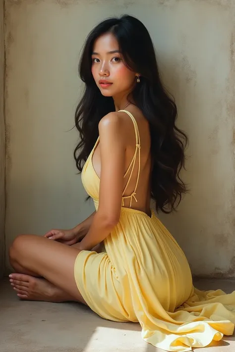 "A beautiful Indonesian woman with long hair, wearing a light yellow short dress with an open back and elegant straps, sitting on the floor with her back leaning against a rough textured wall. She is facing forward with a calm and introspective expression,...