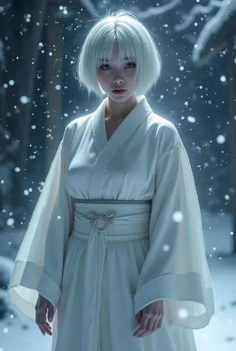  best quality、Japanese Yokai、woman、  mature mature 、Snow Woman、Japanese、 Big Breasts 、 Perfect Style、 white kimono、Dark atmosphere、Snow Scene、Pitch Black Night、 pure white short hair parted in the middle、  full body shot 、 look at the camera、masterpiece,  ...