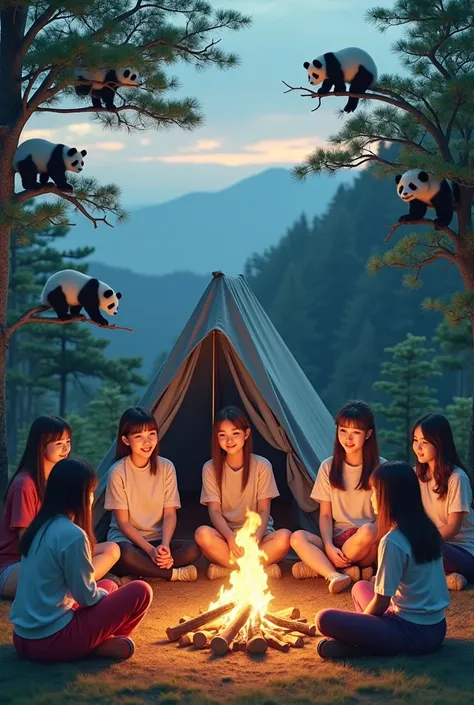 ((best quality)), ((masterpiece)), (detailed), Asia girls,
Japanese beautiful girls,There is a tent in a mountain square 、 high school girl having a bonfire in front of the tent８people、 pandas watching from a tree 、documentaryphoto、dynamicsphoto、realitypho...