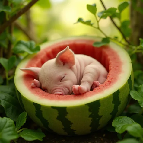 tiny baby pig sleeping in a water melon, details, sunlight