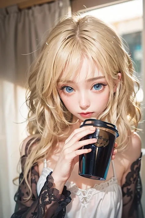 masterpiece: 1.2, Portraiture,  best quality), Realistic, ( live-action , intricate details,  written border depth),  best quality, masterpieceAttention to detail, semi-Realistic, 朝に DRINK COFFEE  , shy, 2, Short blonde,  blue eyes, blonde、  slim figure、 b...