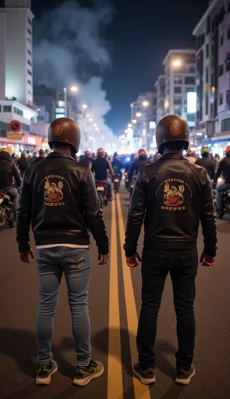  300 indonesian men leather jacket and black t-shirt.  Long jeans torn pants .  coffee picture as logo on t-shirt .  brown helmet coffee picture as logo on helmet .  Legs Colored shoes .  Motorcycle trail riding .  Face-to-face with 300 other men. Full of ...