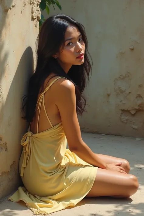 "A beautiful Indonesian woman with long hair, wearing a light yellow short dress with an open back and elegant straps, sitting on the floor with her back leaning against a rough textured wall. She is facing forward with a calm and introspective expression,...