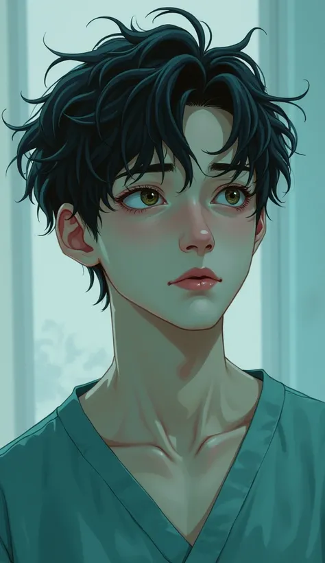 young man, His eyes are tired and its like hes looking at nowhere, The hair is messy, and a head looks down joyless, The hair is messy , and the skin is pale , wearing hospital clothes , looks sick, but very beautiful Manhwa style 