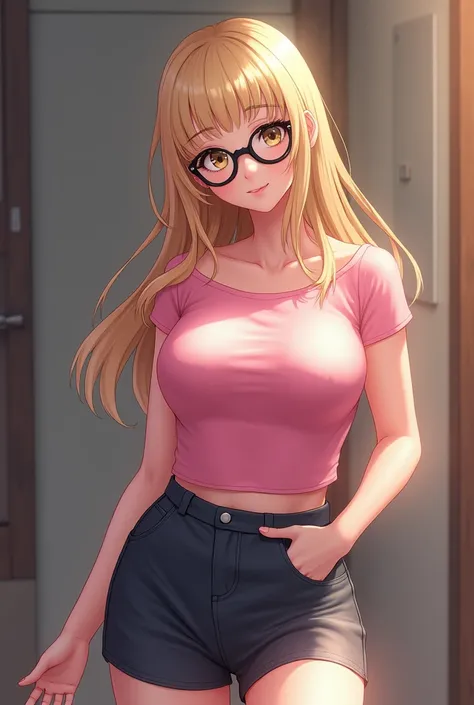 Sexy busty schoolgirl, huge bust, ((oversized cat-eye glasses)), blonde hair, bangs, pink top, skirt