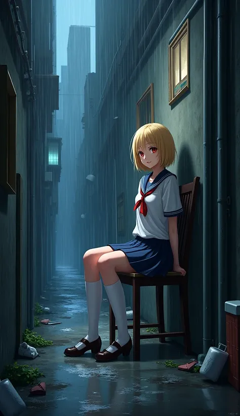 masterpiece,  best quality,  high definition ,  Very detailed,((( blonde pretty girl))), ((( Japanese anime))), ((( shorthair))), ((( sailor suit ))), ((( black pleated skirt ))), ((( white high socks ))), (((Dark Back Alley))), ((( sitting on a chair))), ...