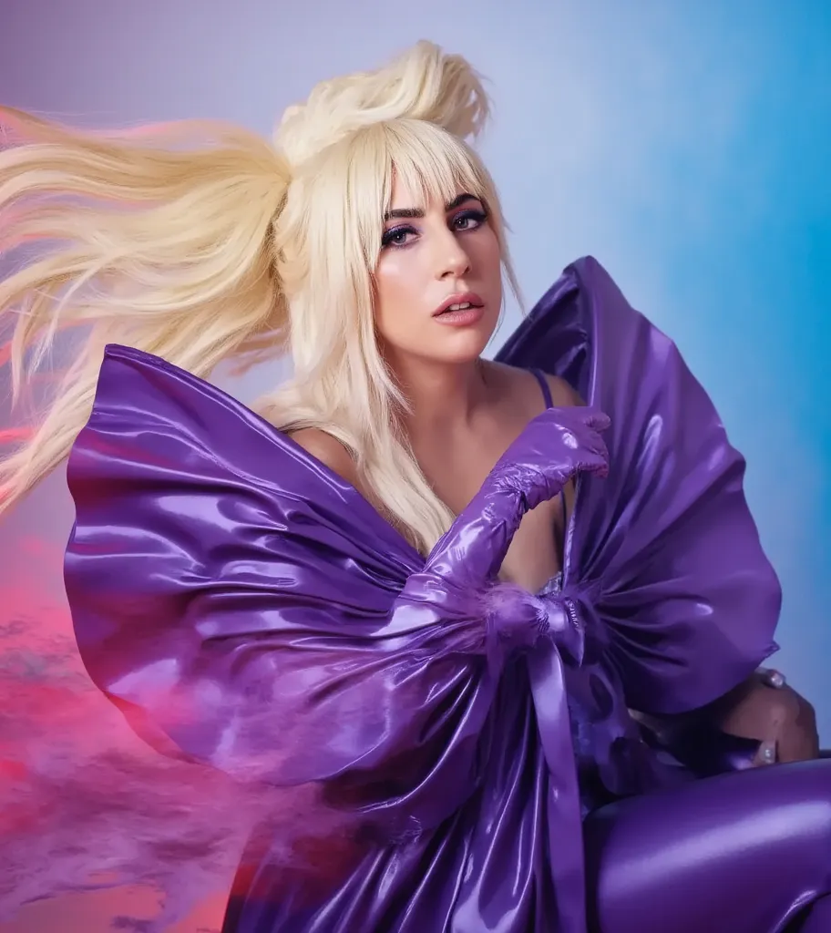 lady gaga with blonde hair with bangs wearing a latex purple outfit,  long hair, high resolution,  very long hair,  best quality