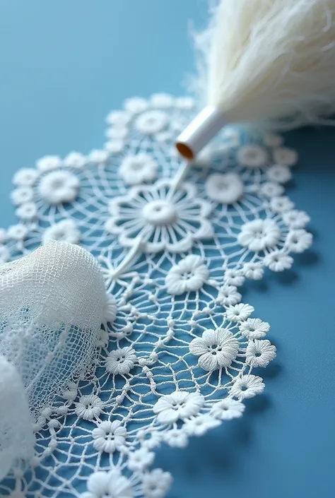 woven lace on bobbins on a blue background