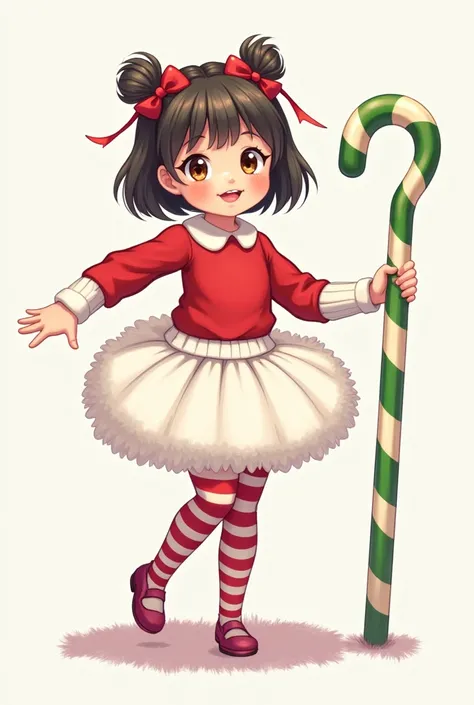 A girl who is dressed in a red blouse with a white tutu and with striped tights and next to her a Christmas cane with green and white stripes.