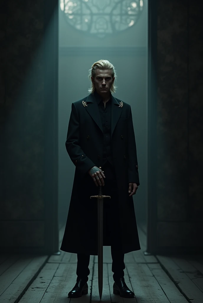 Imagine Victor, a handsome adult man with chin-length, medium-blond hair styled in layered cuts, blending rebellion with elegance. He stands in the center of a dark, minimalist room, illuminated by a faint, fractured light spilling in from a cracked window...