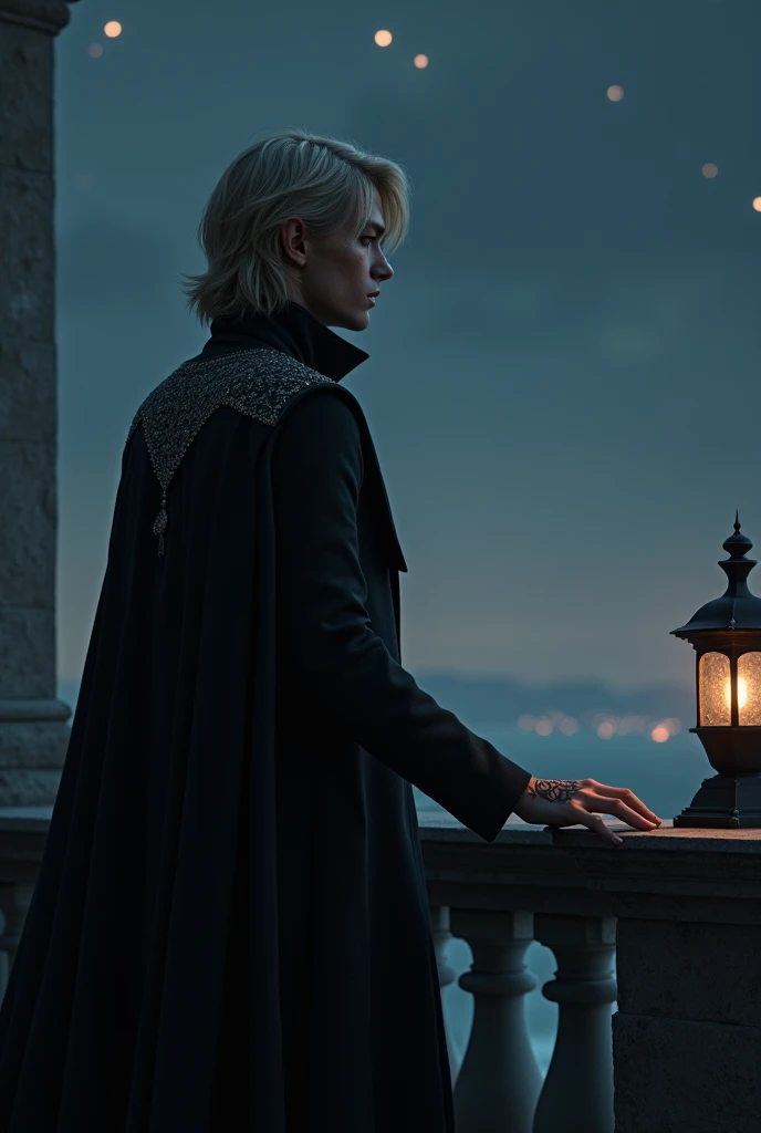 Imagine Victor, a handsome adult man with chin-length, medium-blond hair styled in layered cuts, blending rebellion with elegance. He stands on a shadowed balcony, his sleek, dark coat with subtle silver embroidery flowing gently in the cool night breeze. ...