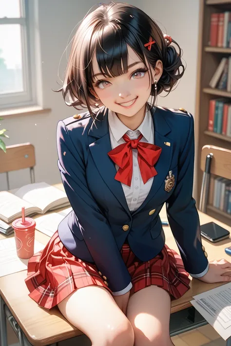 anime、 black hair、 short、uniform、 blazer、red breasted skirt、smile、 sitting at a desk 、 your legs are crossed