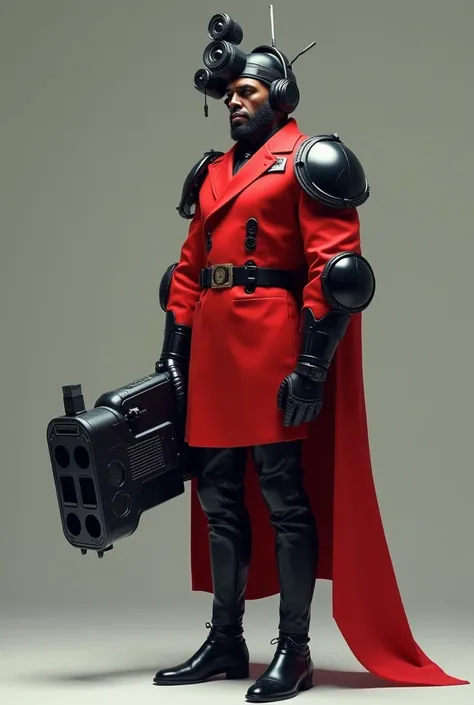 The head man is a speaker, wearing a plain red dress, black pants with black shoes and black gloves, has a huge laser gun attached to his left shoulder arm with his shoulder, sowed with 1 speaker as big as a block, wearing a head belt as a speaker.