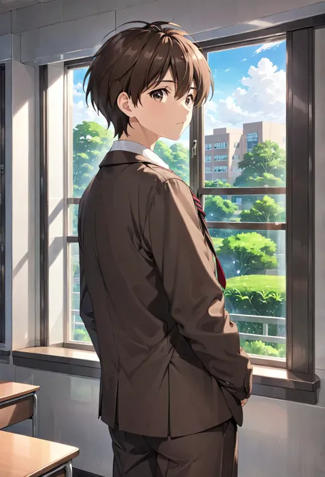 Brown haired anime boy, wearing school uniform, classroom, looking out the window, window