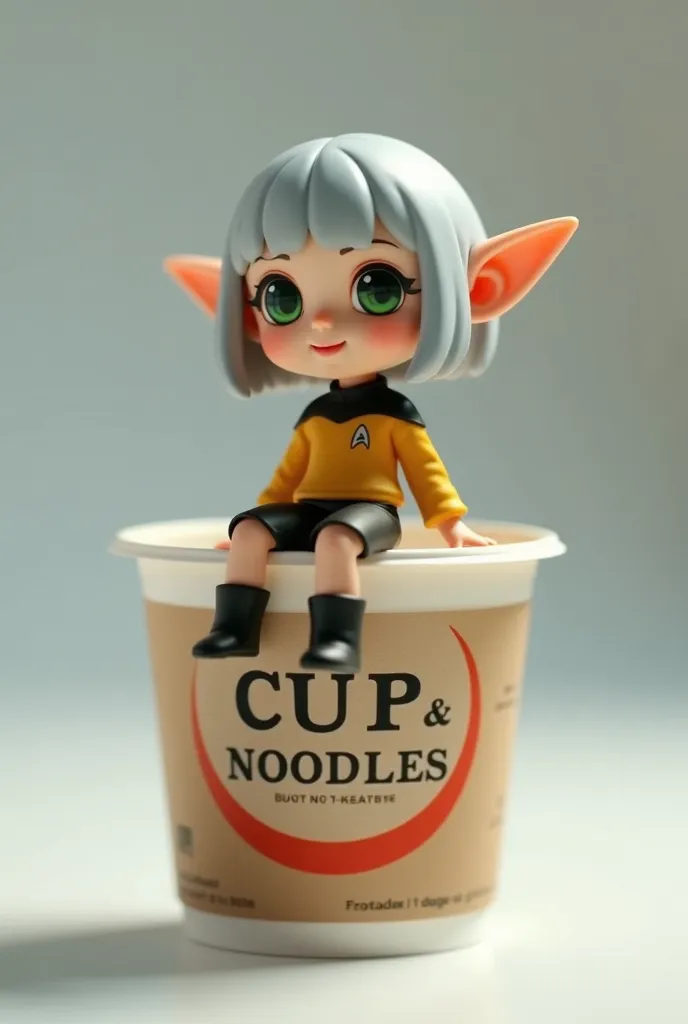 a cup noodle container with the product name printed on the side with the cover tightly closed, a small miniature elf figure sit...